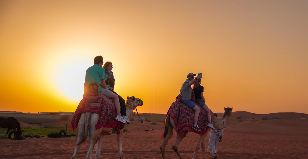 Two couples ride camels draped with patterned blankets across the desert at sunset. The sky glows orange and gold, casting silhouettes of the riders against the horizon. In the background, low dunes and sparse greenery are visible, creating a serene atmosphere that highlights the adventure and tranquility of a Dubai desert safari experience.
