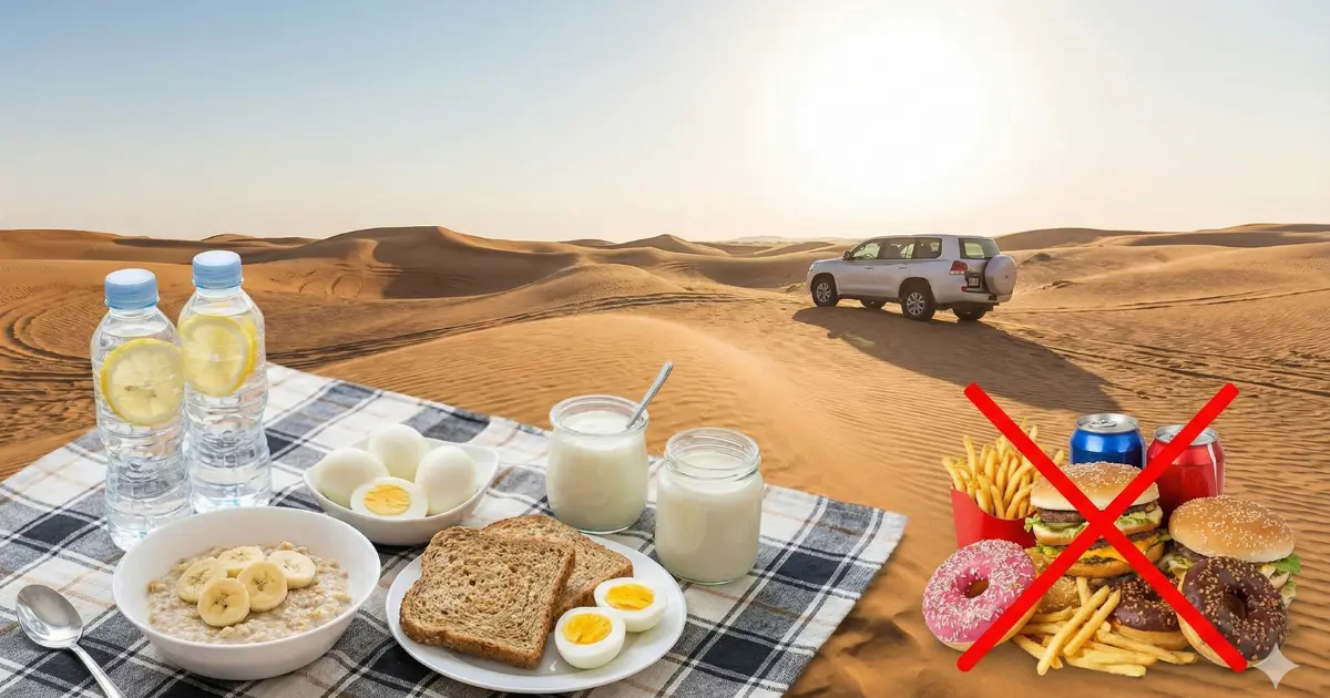 Comparison of best foods to eat versus foods to avoid before a desert safari to prevent motion sickness, set against a Dubai desert background.