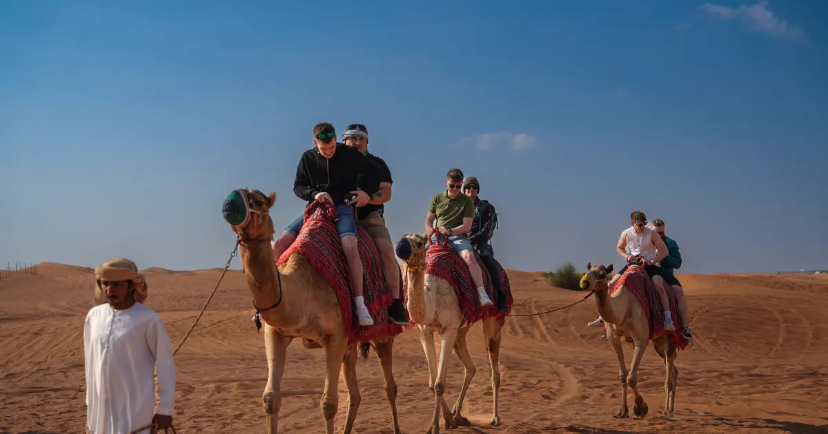 A tour guide in a white thobe leads a caravan of tourists riding camels through the sandy desert dunes under a clear blue sky.